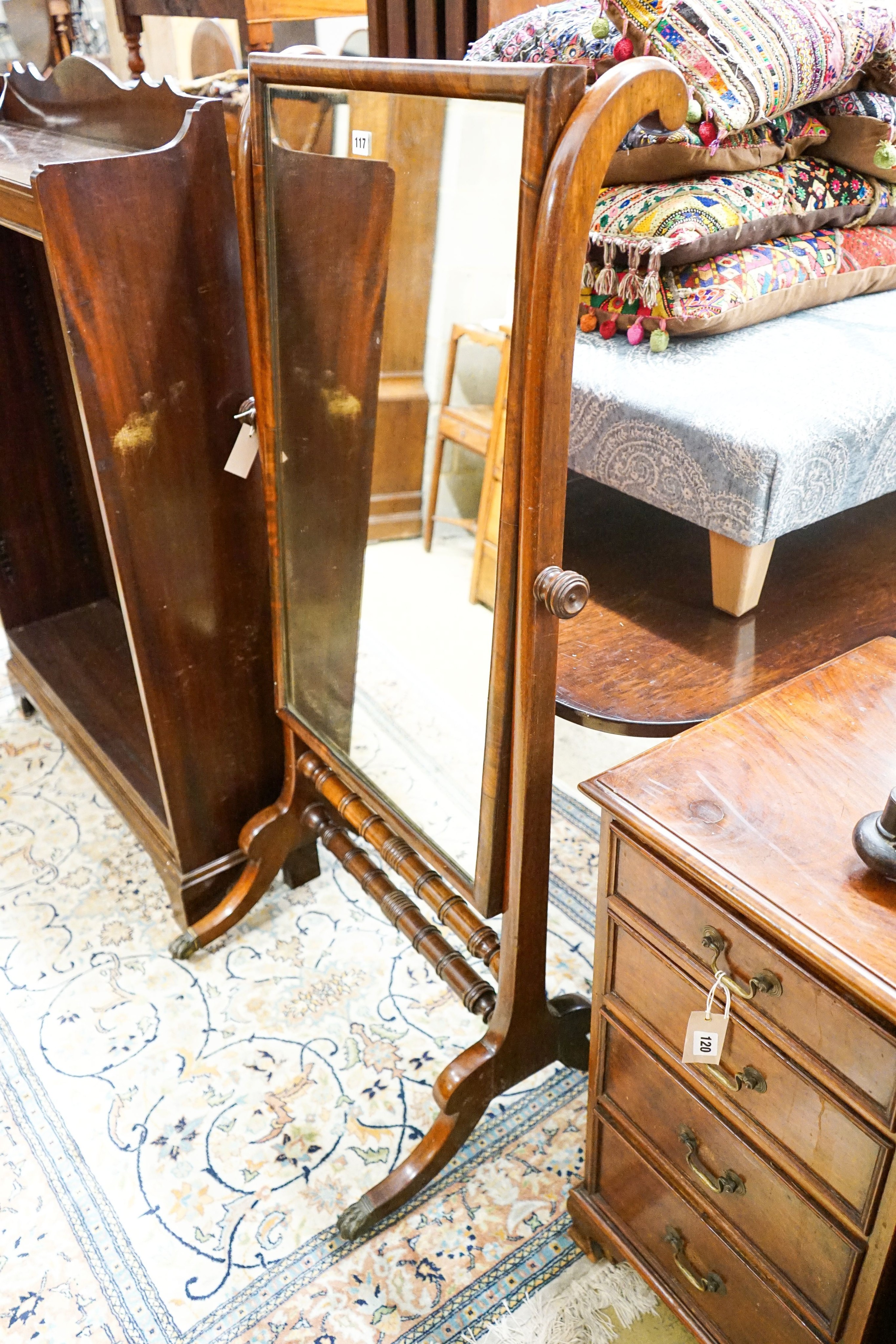 A Regency mahogany cheval mirror, width 70cm, height 136cm